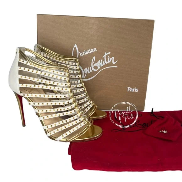Christian Louboutin Millaclou Studded-Cage Red Sole Sandals White Gold Spike Size 37.5