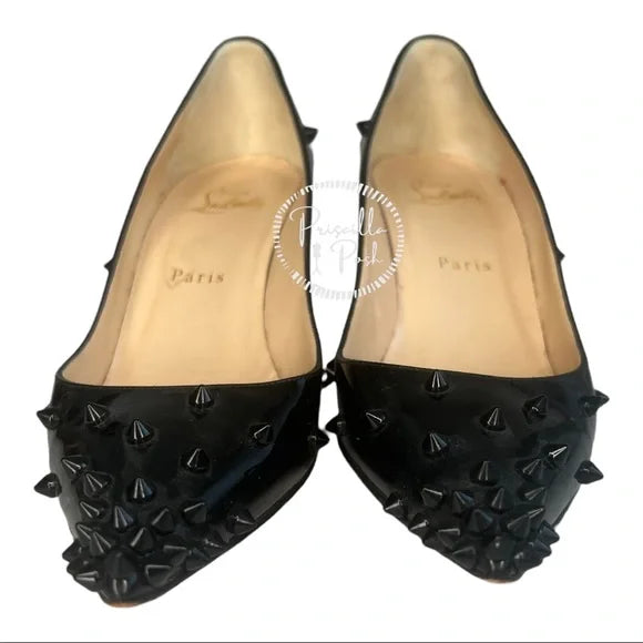 Christian Louboutin Black Patent Leather Diamond Spike Pumps Size 37.5