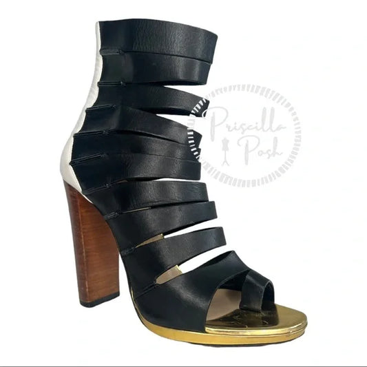 Christian Louboutin Decoupata Strappy Boot Sandal 38 black White Gold Block Heel