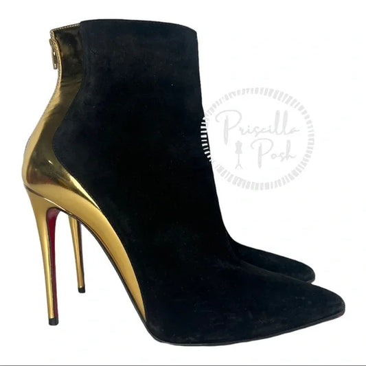Christian Louboutin Delicotte 100 suede ankle boots Black Gold Pointy Toe 35.5