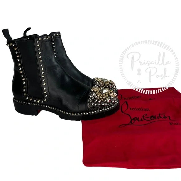 Christian Louboutin Chasse A Clou Studded Cap Toe Chelsea Booties Black Leather 38.5