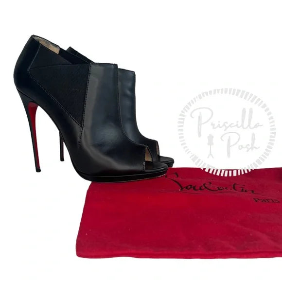 Christian Louboutin Black Leather Bootstagram Red Sole Peep-Toe Bootie Boots 41 lol
