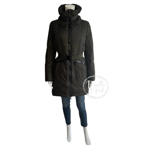 Moncler Full Length Long Down Puffer Jacket Olive Green With Waist Belt and Logo