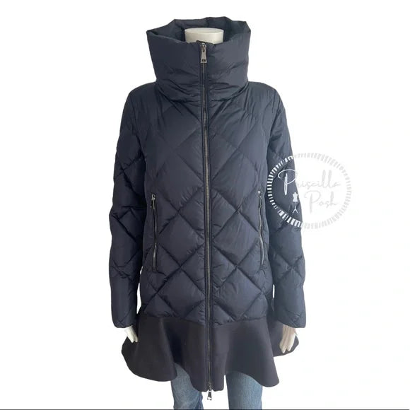 Moncler Navy Blue Flounce-Hem Puffer Coat Goose Down Long Ruffle Hem Winter