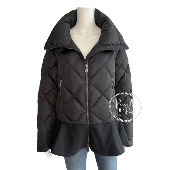Moncler Black Puffer Jacket Flounce-Hem Puffer Coat Peplum Hem Quilted Down