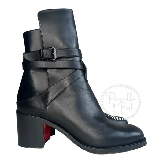 Christian Louboutin Karistrap Bootie Black Leather Ankle Boots 38.5 block heel