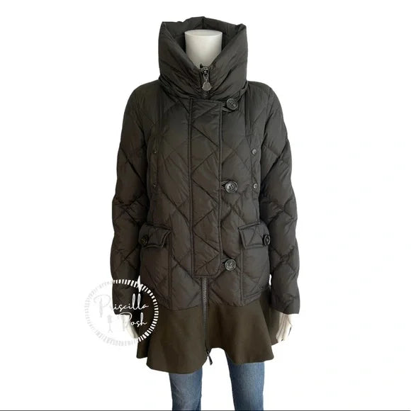 Moncler Vauloge Quilted Parka Jacket With Flounce Hem Olive Green Puffer Jacket