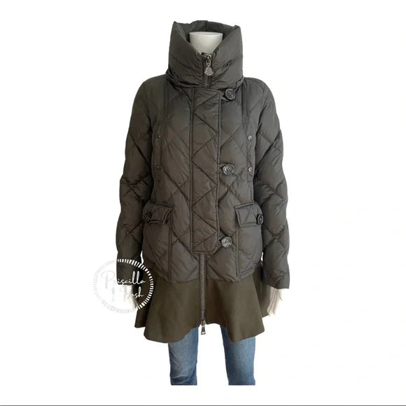 Moncler Vauloge Quilted Parka Jacket With Flounce Hem Olive Green Puffer Jacket