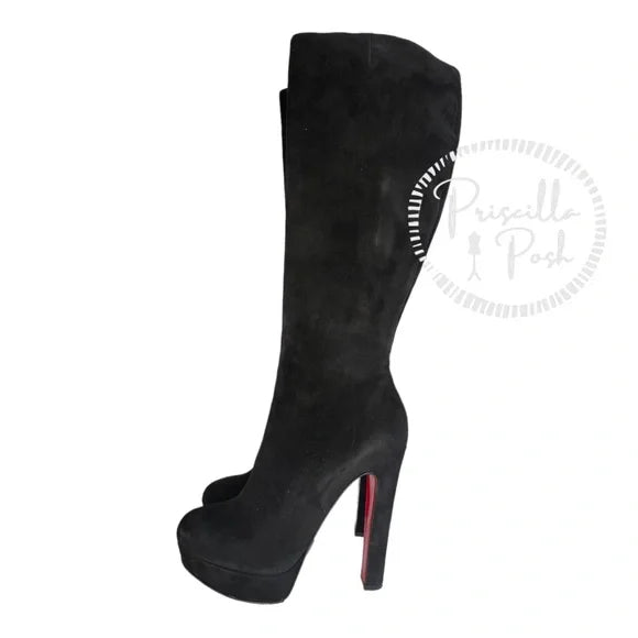 Christian Louboutin Black Suede Royal Bibi Botta 140 Boots Platform Knee High 39.5