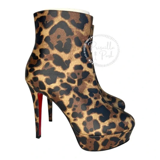 NEW Christian Louboutin Leather Bianca Platform Bootie Leopard Cheetah Ankle 36