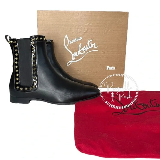 Christian Louboutin Black Leather Studded Red Sole Chelsea Boots Ankle Booties 36