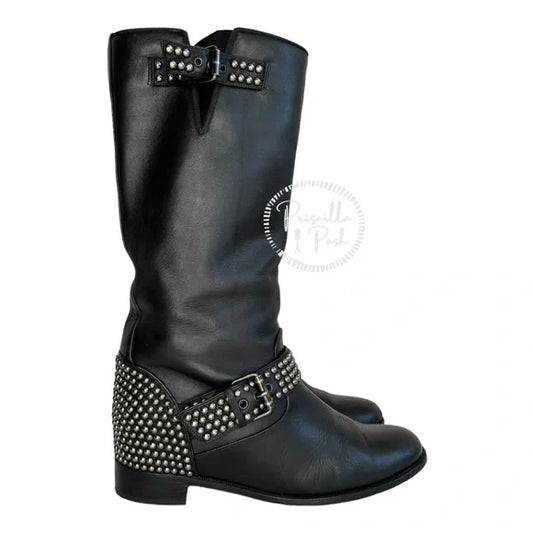 Christian Louboutin Black Leather Studded Combat Motorcycle Biker Flat Boots 37.5