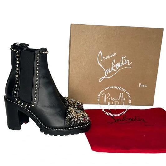 Christian Louboutin Black Chasse A Clou 70 Silver Gold Studded Stud Ankle Boots 35