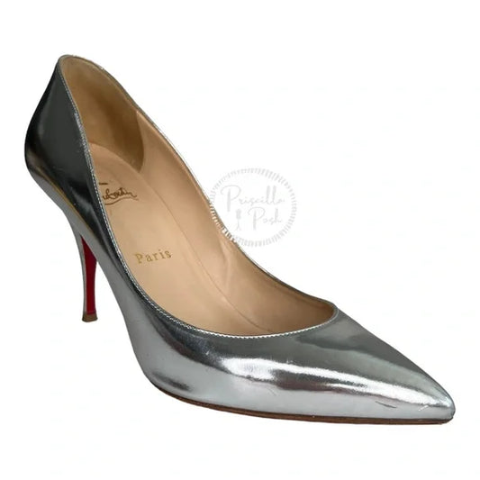 Christian Louboutin Silver Metallic Leather Pigalle Follies 85 Low Heels 39
