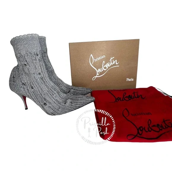 Christian Louboutin Sandrine 80 Silver Stretch Sock Kitten Heel Ankle Boots 37.5
