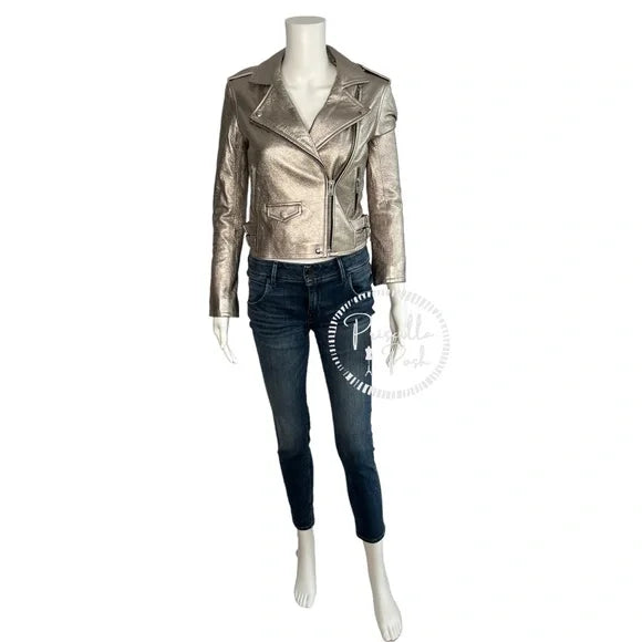 IRO Ashville Cropped Metallic Leather Jacket Silver 36