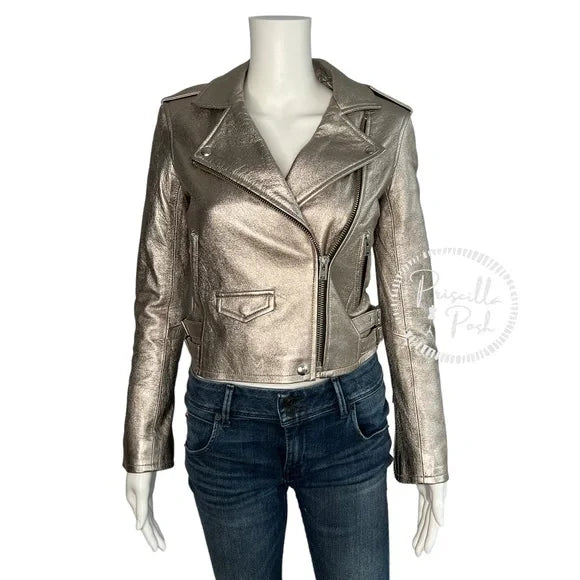 IRO Ashville Cropped Metallic Leather Jacket Silver 36
