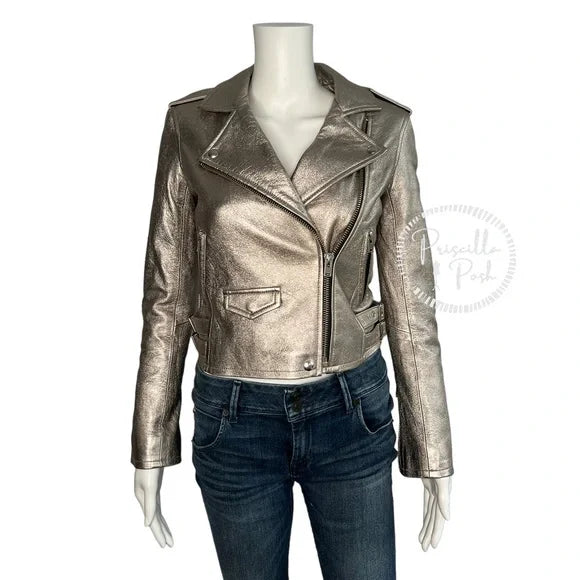 IRO Ashville Cropped Metallic Leather Jacket Silver 36