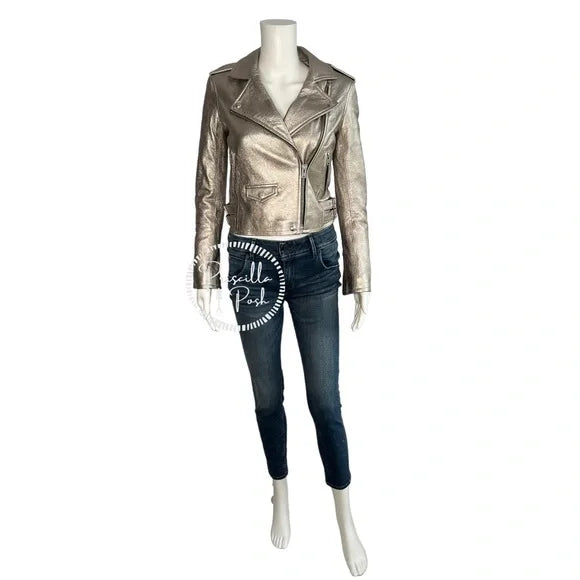 IRO Ashville Cropped Metallic Leather Jacket Silver 36