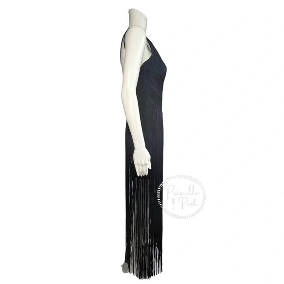 NWT Herve Leger Draped Fringe Gown Navy V-Neck Full Length XS