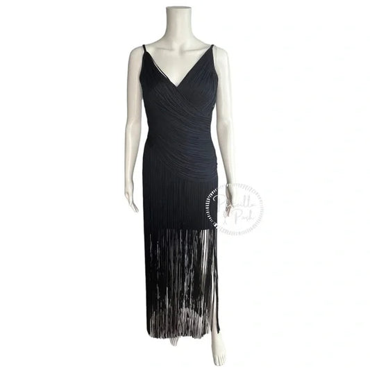 NWT Herve Leger Draped Fringe Gown Navy V-Neck Full Length XS