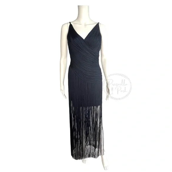 NWT Herve Leger Draped Fringe Gown Navy V-Neck Full Length XS