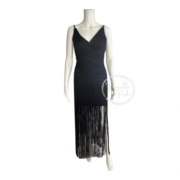 NWT Herve Leger Draped Fringe Gown Navy V-Neck Full Length XS