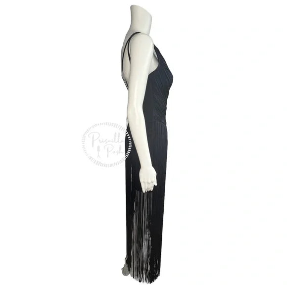 NWT Herve Leger Draped Fringe Gown Navy V-Neck Full Length XS
