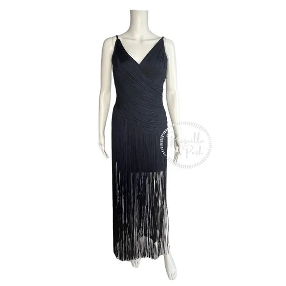 NWT Herve Leger Draped Fringe Gown Navy V-Neck Full Length XS
