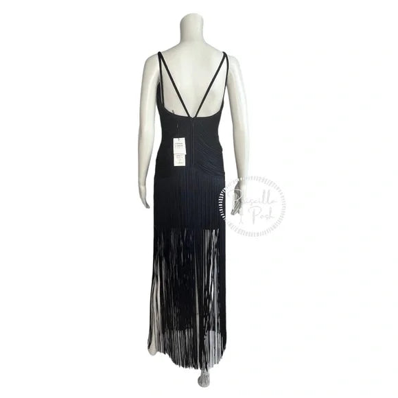 NWT Herve Leger Draped Fringe Gown Navy V-Neck Full Length XS
