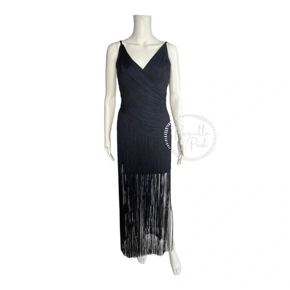 NWT Herve Leger Draped Fringe Gown Navy V-Neck Full Length XS