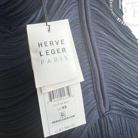 NWT Herve Leger Draped Fringe Gown Navy V-Neck Full Length XS