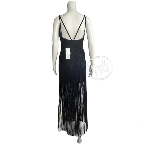 NWT Herve Leger Draped Fringe Gown Navy V-Neck Full Length XS