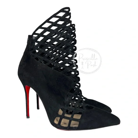 Christian Louboutin Black Suede Pointed Toe Ankle Boots Cutout Stiletto Heel 39.5