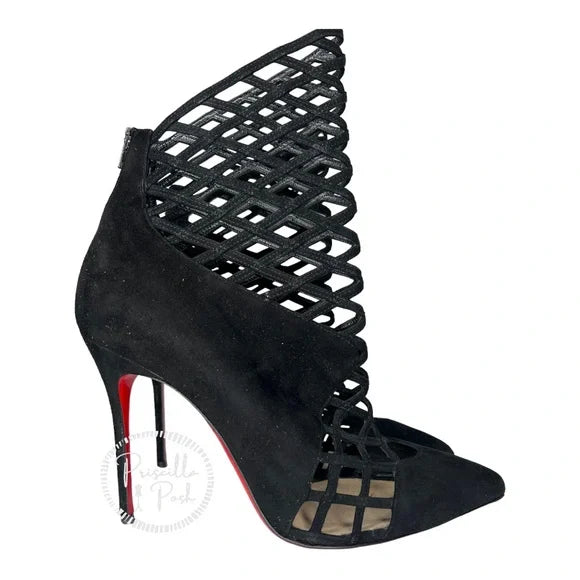 Christian Louboutin Black Suede Pointed Toe Ankle Boots Cutout Stiletto Heel 39.5