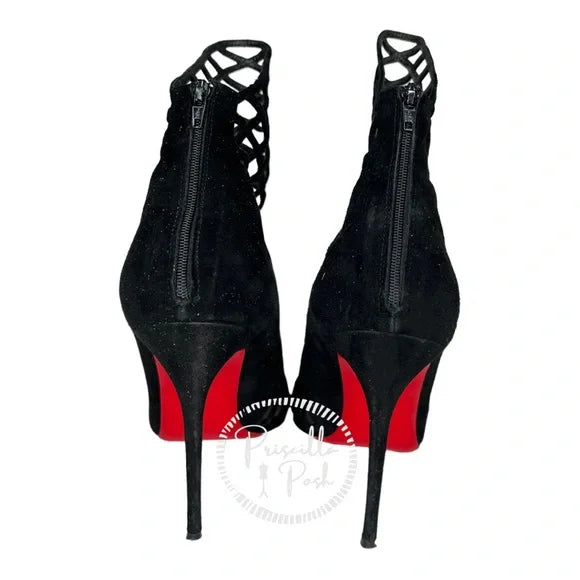 Christian Louboutin Black Suede Pointed Toe Ankle Boots Cutout Stiletto Heel 39.5