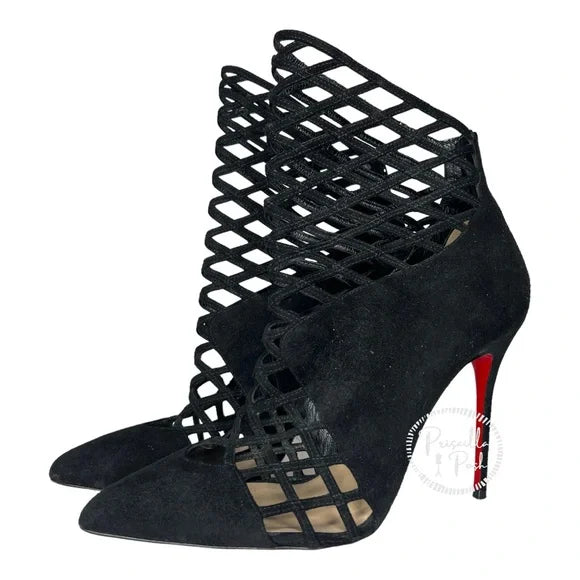 Christian Louboutin Black Suede Pointed Toe Ankle Boots Cutout Stiletto Heel 39.5
