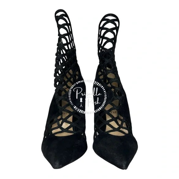 Christian Louboutin Black Suede Pointed Toe Ankle Boots Cutout Stiletto Heel 39.5