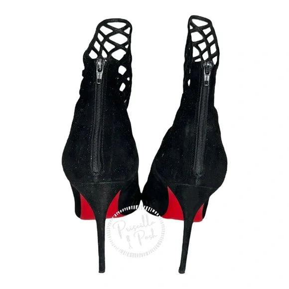 Christian Louboutin Black Suede Pointed Toe Ankle Boots Cutout Stiletto Heel 39.5