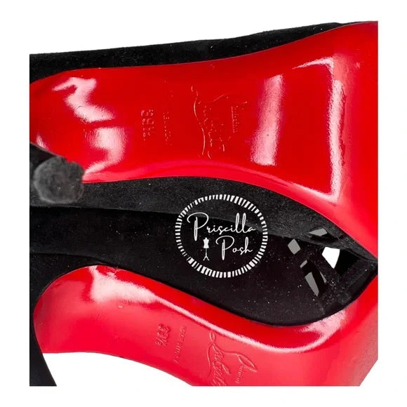 Christian Louboutin Black Suede Pointed Toe Ankle Boots Cutout Stiletto Heel 39.5