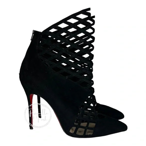 Christian Louboutin Black Suede Pointed Toe Ankle Boots Cutout Stiletto Heel 39.5