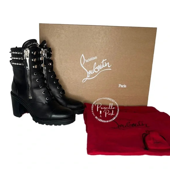 Christian Louboutin Black Leather Block Heel Silver Spike Combat Boots 37.5