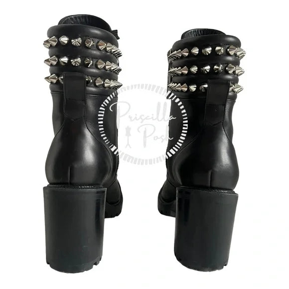 Christian Louboutin Black Leather Block Heel Silver Spike Combat Boots 37.5