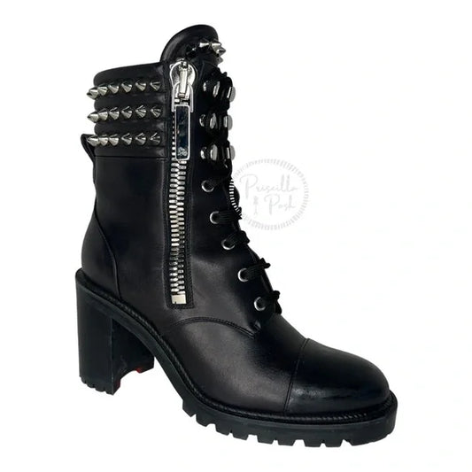 Christian Louboutin Black Leather Block Heel Silver Spike Combat Boots 37.5