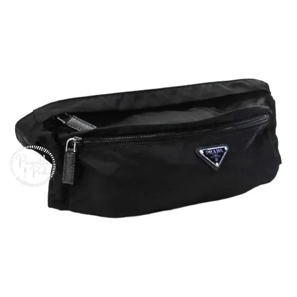 Prada Black Belt Bag Waist Bag Triangle Logo Nylon and Leather Silver Buckle