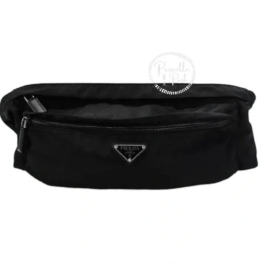 Prada Black Belt Bag Waist Bag Triangle Logo Nylon and Leather Silver Buckle
