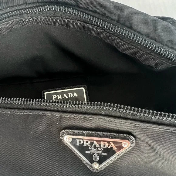 Prada Black Belt Bag Waist Bag Triangle Logo Nylon and Leather Silver Buckle