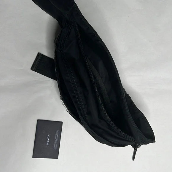 Prada Black Belt Bag Waist Bag Triangle Logo Nylon and Leather Silver Buckle
