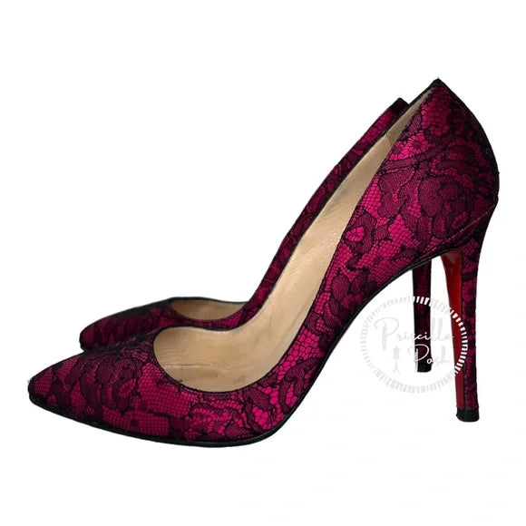 Christian Louboutin Fuchsia Pink With Black Lace Overlay Pointed Toe Satin 38