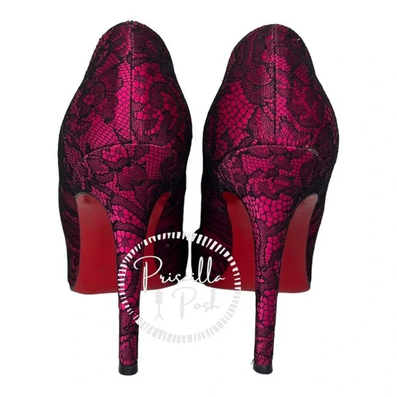 Christian Louboutin Fuchsia Pink With Black Lace Overlay Pointed Toe Satin 38